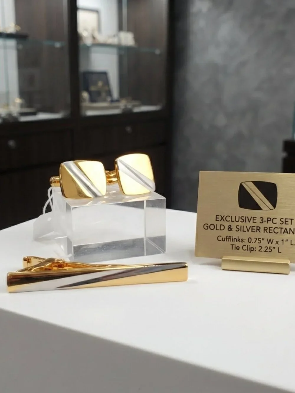 Gold-Tone & Silver-Tone Rectangular 3-Piece Cufflink and Tie Clip Set